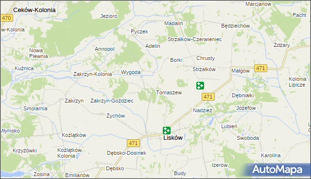 mapa Tomaszew gmina Lisków, Tomaszew gmina Lisków na mapie Targeo
