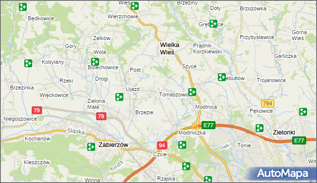 mapa Tomaszowice gmina Wielka Wieś, Tomaszowice gmina Wielka Wieś na mapie Targeo