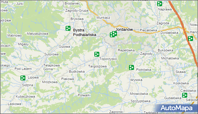 mapa Toporzysko gmina Jordanów, Toporzysko gmina Jordanów na mapie Targeo