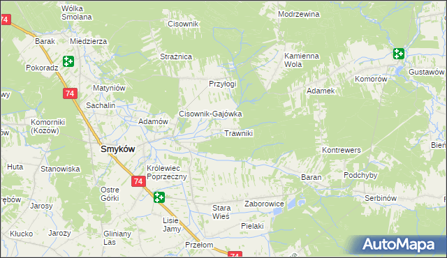 mapa Trawniki gmina Smyków, Trawniki gmina Smyków na mapie Targeo