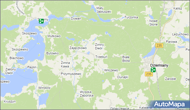 mapa Trzebuń gmina Dziemiany, Trzebuń gmina Dziemiany na mapie Targeo