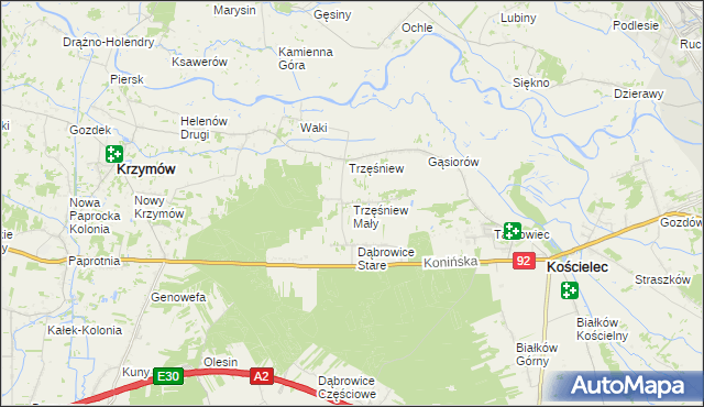 mapa Trzęśniew Mały, Trzęśniew Mały na mapie Targeo