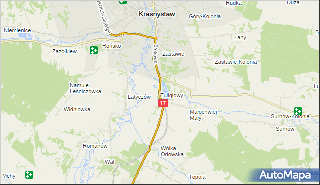 mapa Tuligłowy gmina Krasnystaw, Tuligłowy gmina Krasnystaw na mapie Targeo