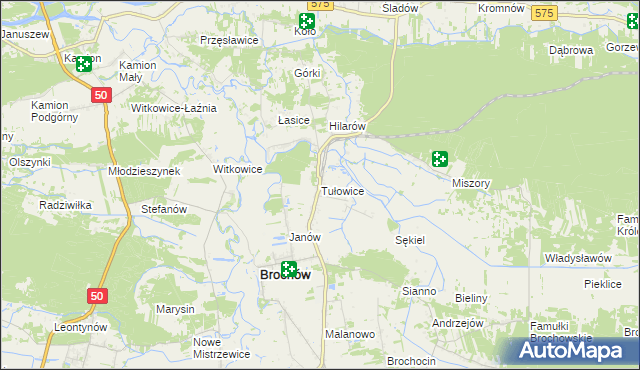 mapa Tułowice gmina Brochów, Tułowice gmina Brochów na mapie Targeo