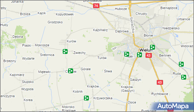 mapa Turów gmina Wieluń, Turów gmina Wieluń na mapie Targeo