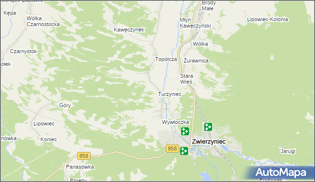 mapa Turzyniec gmina Zwierzyniec, Turzyniec gmina Zwierzyniec na mapie Targeo