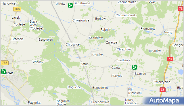 mapa Uników gmina Pińczów, Uników gmina Pińczów na mapie Targeo