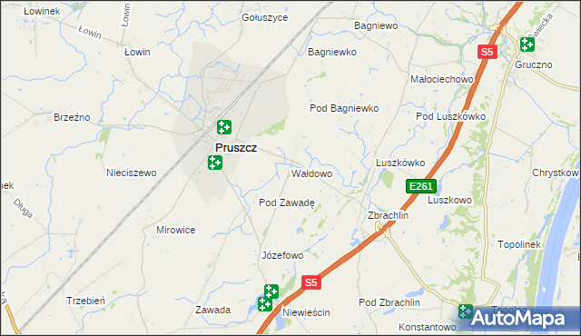 mapa Wałdowo gmina Pruszcz, Wałdowo gmina Pruszcz na mapie Targeo