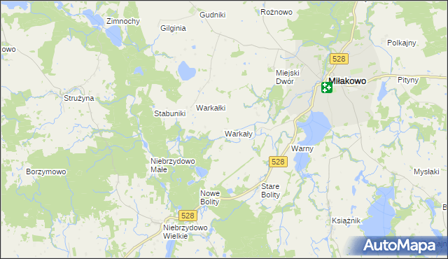 mapa Warkały gmina Miłakowo, Warkały gmina Miłakowo na mapie Targeo