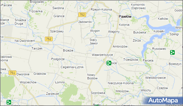 mapa Wawrzeńczyce gmina Pawłów, Wawrzeńczyce gmina Pawłów na mapie Targeo