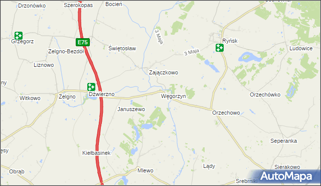 mapa Węgorzyn gmina Ryńsk, Węgorzyn gmina Ryńsk na mapie Targeo