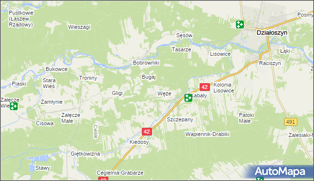 mapa Węże gmina Działoszyn, Węże gmina Działoszyn na mapie Targeo