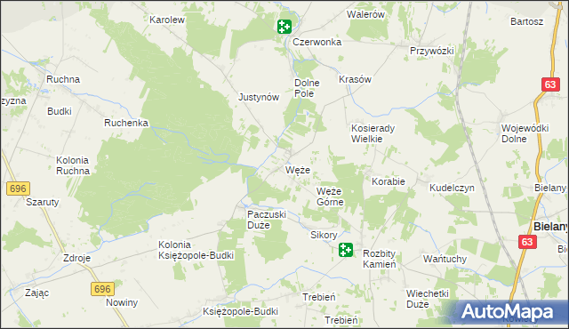 mapa Węże gmina Sokołów Podlaski, Węże gmina Sokołów Podlaski na mapie Targeo
