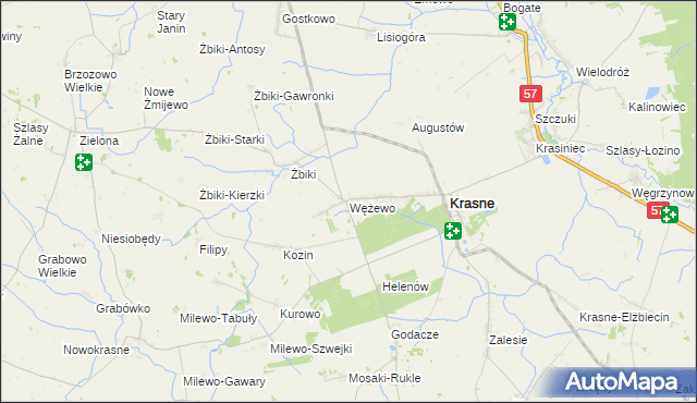 mapa Wężewo gmina Krasne, Wężewo gmina Krasne na mapie Targeo