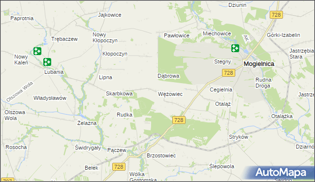 mapa Wężowiec gmina Mogielnica, Wężowiec gmina Mogielnica na mapie Targeo