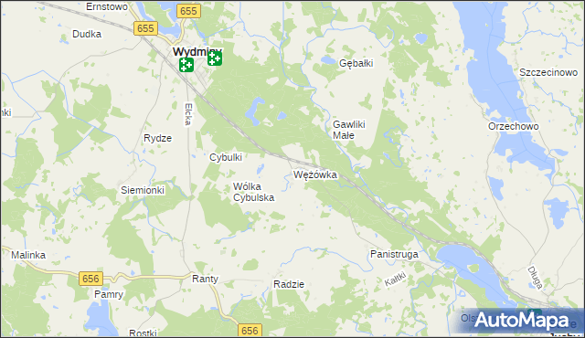 mapa Wężówka gmina Wydminy, Wężówka gmina Wydminy na mapie Targeo