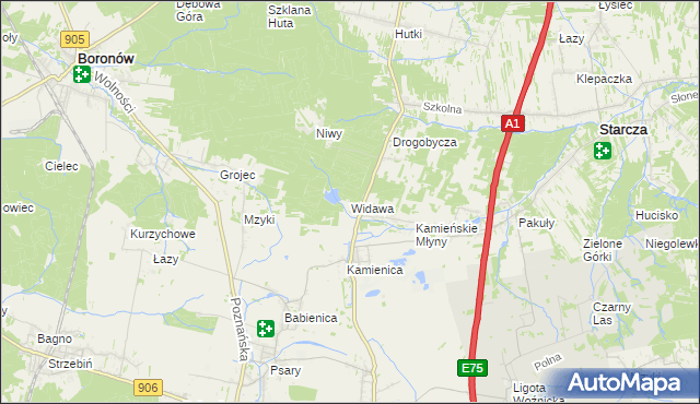 mapa Widawa gmina Woźniki, Widawa gmina Woźniki na mapie Targeo