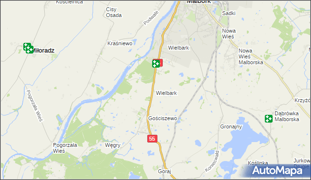 mapa Wielbark gmina Malbork, Wielbark gmina Malbork na mapie Targeo