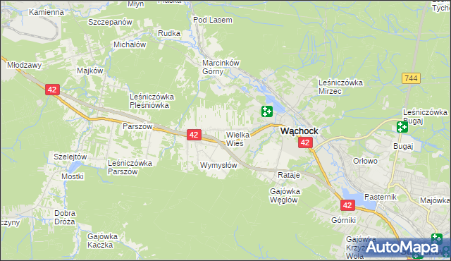 mapa Wielka Wieś gmina Wąchock, Wielka Wieś gmina Wąchock na mapie Targeo