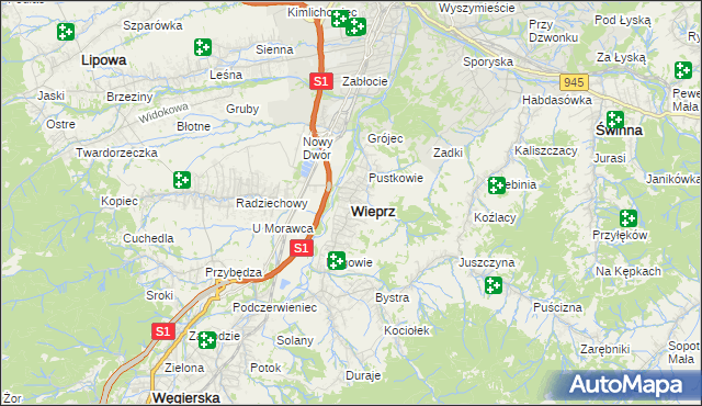 mapa Wieprz gmina Radziechowy-Wieprz, Wieprz gmina Radziechowy-Wieprz na mapie Targeo