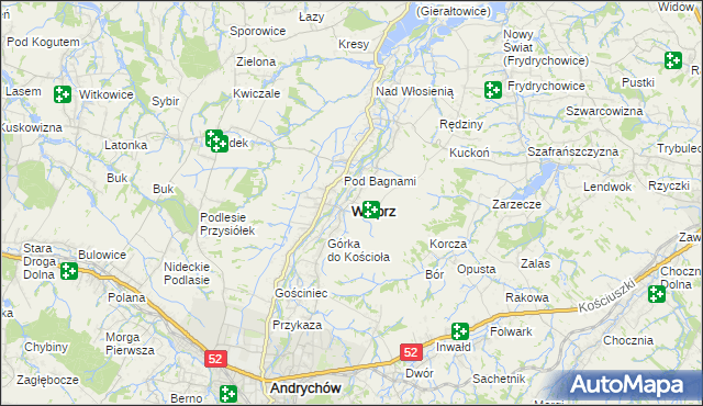 mapa Wieprz powiat wadowicki, Wieprz powiat wadowicki na mapie Targeo