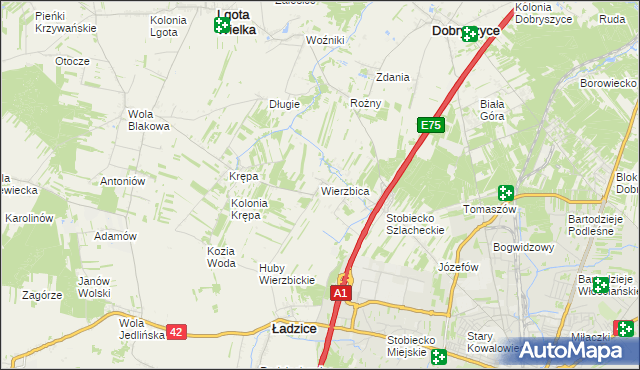 mapa Wierzbica gmina Ładzice, Wierzbica gmina Ładzice na mapie Targeo