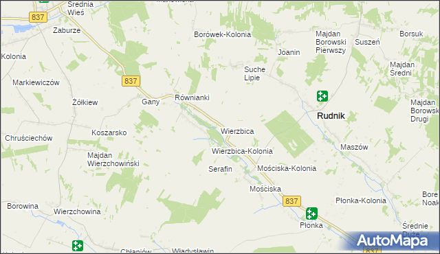 mapa Wierzbica gmina Rudnik, Wierzbica gmina Rudnik na mapie Targeo