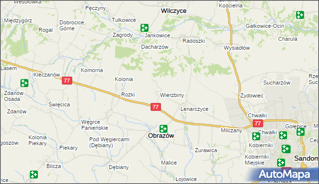 mapa Wierzbiny gmina Obrazów, Wierzbiny gmina Obrazów na mapie Targeo