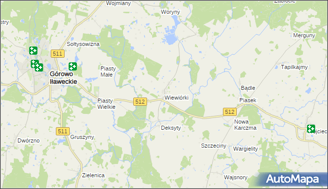 mapa Wiewiórki gmina Górowo Iławeckie, Wiewiórki gmina Górowo Iławeckie na mapie Targeo