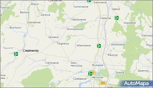 mapa Wilamowice gmina Ciepłowody, Wilamowice gmina Ciepłowody na mapie Targeo