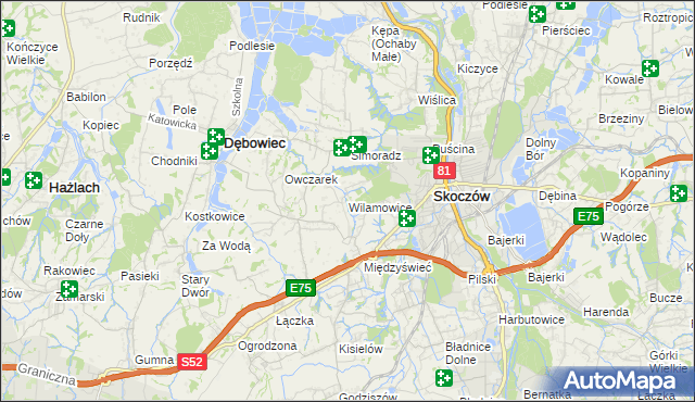 mapa Wilamowice gmina Skoczów, Wilamowice gmina Skoczów na mapie Targeo