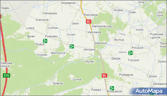 mapa Winowno gmina Koziegłowy, Winowno gmina Koziegłowy na mapie Targeo