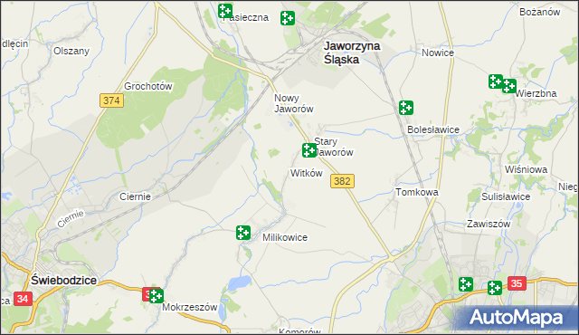 mapa Witków gmina Jaworzyna Śląska, Witków gmina Jaworzyna Śląska na mapie Targeo