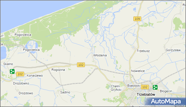 mapa Włodarka gmina Trzebiatów, Włodarka gmina Trzebiatów na mapie Targeo