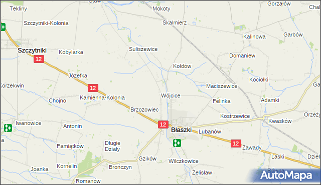 mapa Wójcice gmina Błaszki, Wójcice gmina Błaszki na mapie Targeo