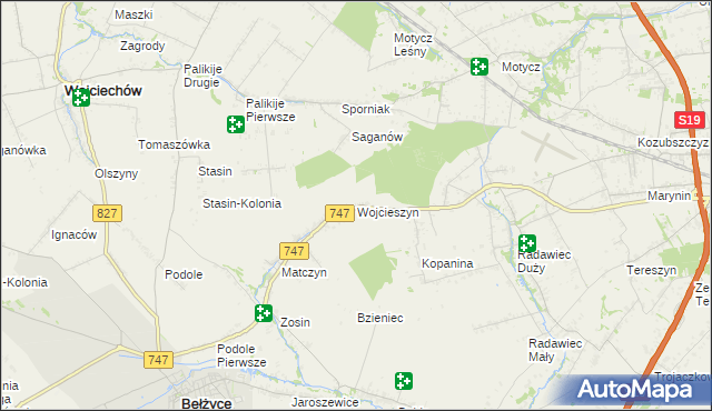 mapa Wojcieszyn gmina Bełżyce, Wojcieszyn gmina Bełżyce na mapie Targeo