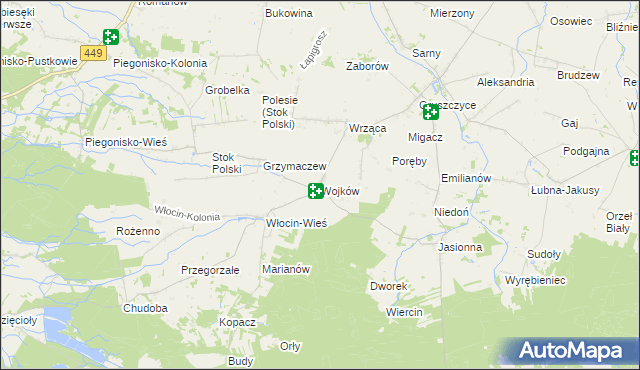 mapa Wojków gmina Błaszki, Wojków gmina Błaszki na mapie Targeo