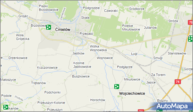 mapa Wojnowice gmina Ćmielów, Wojnowice gmina Ćmielów na mapie Targeo