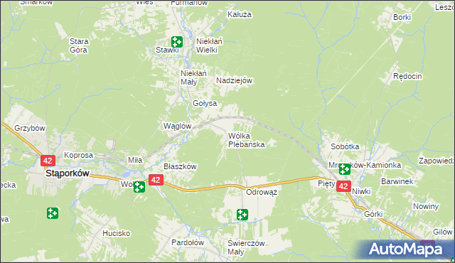 mapa Wólka Plebańska gmina Stąporków, Wólka Plebańska gmina Stąporków na mapie Targeo