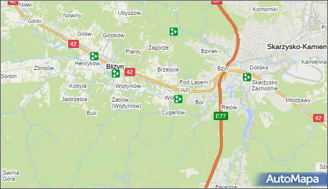 mapa Wołów gmina Bliżyn, Wołów gmina Bliżyn na mapie Targeo