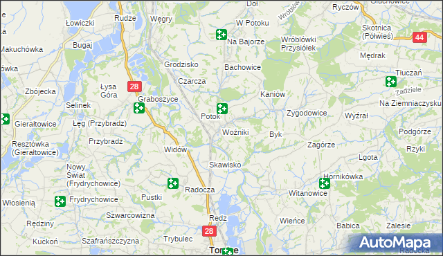 mapa Woźniki gmina Tomice, Woźniki gmina Tomice na mapie Targeo