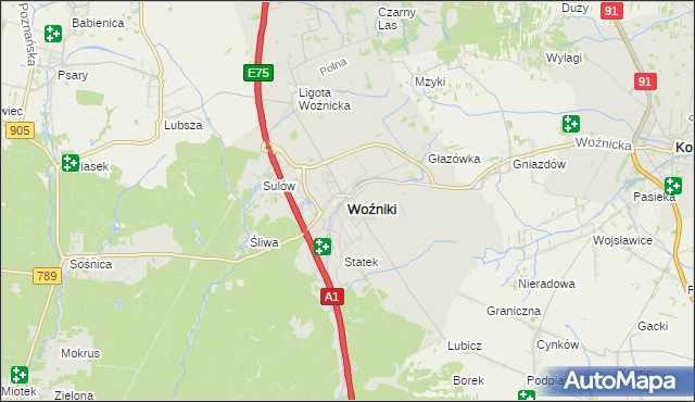 mapa Woźniki powiat lubliniecki, Woźniki powiat lubliniecki na mapie Targeo