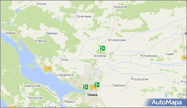 mapa Wróblów gmina Sława, Wróblów gmina Sława na mapie Targeo