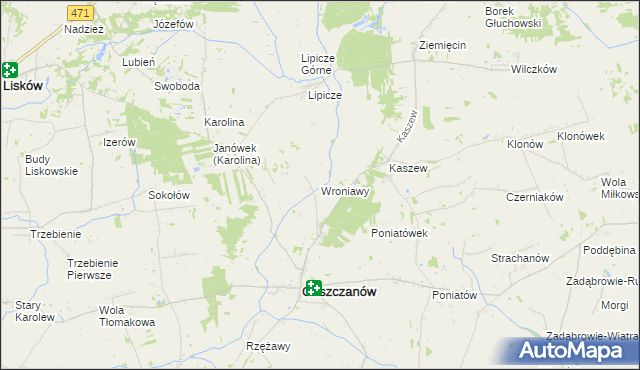 mapa Wroniawy gmina Goszczanów, Wroniawy gmina Goszczanów na mapie Targeo