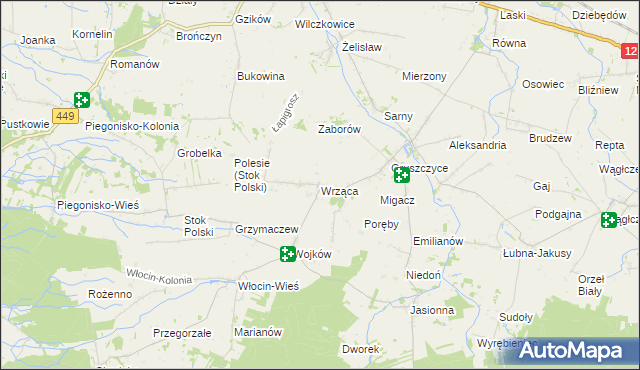 mapa Wrząca gmina Błaszki, Wrząca gmina Błaszki na mapie Targeo