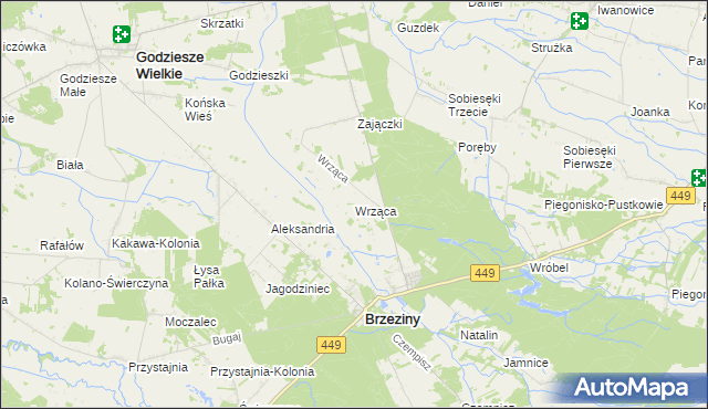 mapa Wrząca gmina Brzeziny, Wrząca gmina Brzeziny na mapie Targeo