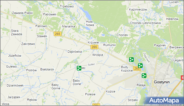 mapa Wrząca gmina Gostynin, Wrząca gmina Gostynin na mapie Targeo