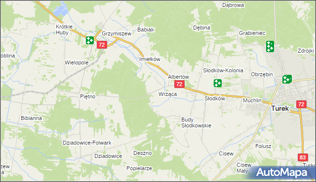 mapa Wrząca gmina Turek, Wrząca gmina Turek na mapie Targeo