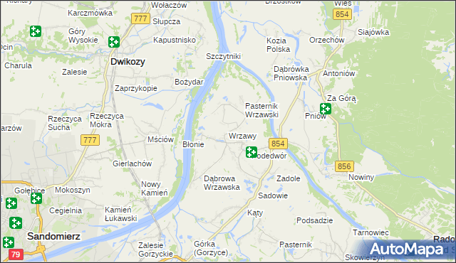 mapa Wrzawy gmina Gorzyce, Wrzawy gmina Gorzyce na mapie Targeo