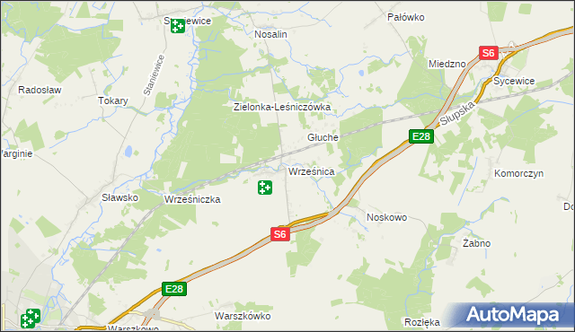 mapa Wrześnica gmina Sławno, Wrześnica gmina Sławno na mapie Targeo